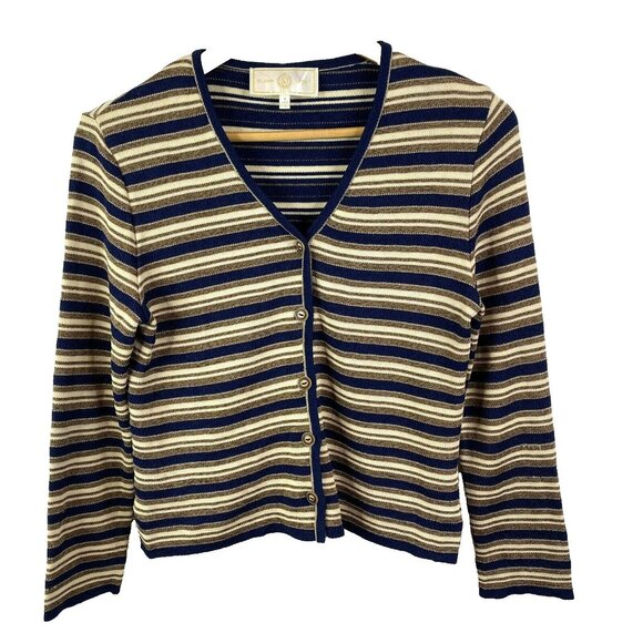 St John Sport Cardigan Sweater Womens Size Small Navy Blue Gold Striped Holiday - Picture 1 of 5
